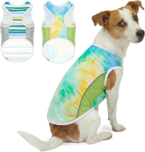 Vista 31 de Camiseta para perro con protección solar UPF 50+, paquete de 2 chalecos ligeros sin mangas para perros pequeños y niñas, tiras reflectantes, ropa