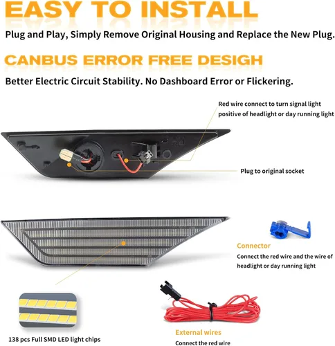 Vista 6 de Gempro Switchback - Luces LED laterales de repuesto secuenciales para Honda Civic 2016-2021, color blanco y ámbar dinámico para parachoques Lente
