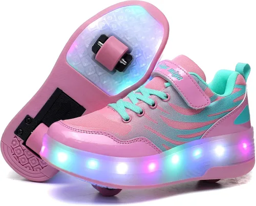 Vista 6 de Wooowyet - Tenis con ruedas y luces LED para niños y niñas, con ruedas, USB recargable, cierre de gancho y bucle