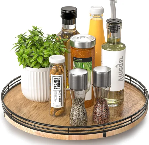 Vista 9 de Marble Lazy Susan - Tocadiscos para mesa, bandeja redonda de mármol de grano de madera antigua de 10 pulgadas para mesa de comedor, encimera de Negro