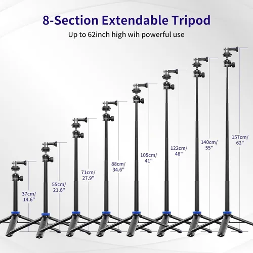 Vista 5 de Kaitezenz Trípode selfie stick para cámara GoPro, soporte de trípode extensible de 62 pulgadas con cabeza de bola de 360° tornillo de 1/4 pulgadas