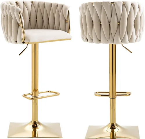Vista 15 de Juego de 2 taburetes de bar giratorios de terciopelo, taburetes de bar ajustables y cómodos, silla de comedor moderna con respaldo tejido, taburetes