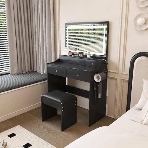 Vista 2 de Escritorio de tocador con espejo de luz LED, mesa de tocador de maquillaje con taburete, 5 cajones, soporte para secador de pelo, toma de corriente
