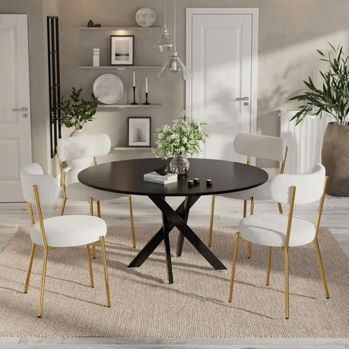 Vista 22 de Moderno juego de mesa de comedor redonda de 3 piezas, mesa de MDF circular negra y 2 sillas de comedor negras Boucle, muebles de cocina con marco