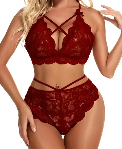 Vista 20 de Conjunto de lencería sexy de brasier y pantaletas con correas finas, de encaje
