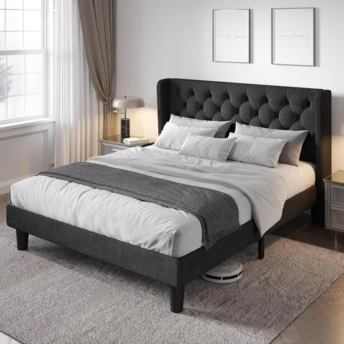 Vista 13 de Allewie Base de cama de tamaño matrimonial con cabecera copetuda con botones en la parte trasera, marco de cama tapizado moderno con soporte