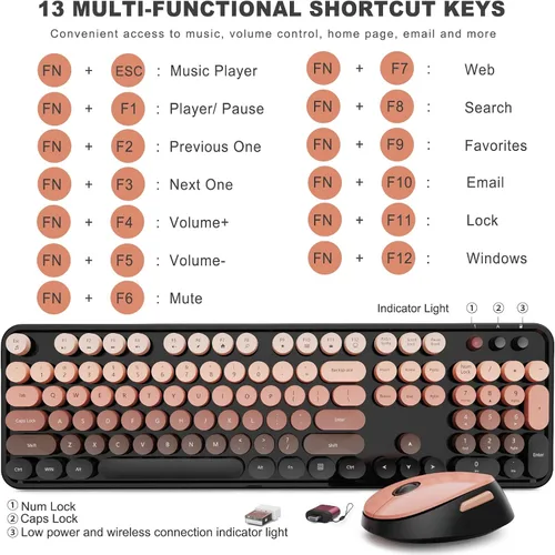 Vista 4 de SkyGive - Combo de teclado y mouse inalámbricos, teclado ergonómico de tamaño completo con diseño retro tipo máquina de escribir, con teclas