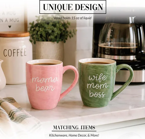Vista 4 de Pavilion - Taza de café grande de cerámica con diseño de texto "Mama Bear", compatible con microondas y lavavajillas, tazas altas de café o té