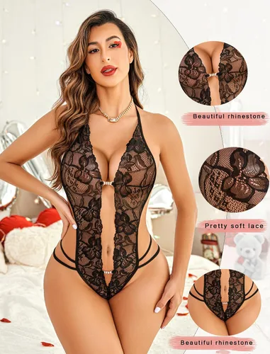 Vista 4 de Avidlove - Body de lencería de una pieza para mujer, diseño de encaje sexy con escote en V profundo, baby doll, tallas XS a XXXL