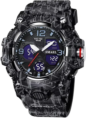 Vista 13 de SMAEL Reloj de pulsera militar para hombre, resistente al agua, para exteriores, deportivo, con fecha, multifunción, LED, con alarma y cronómetro