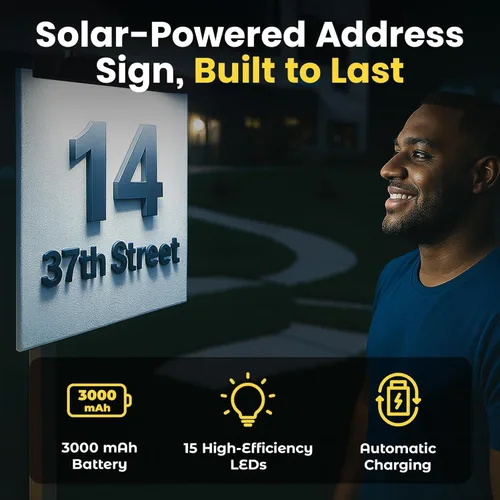 Vista 2 de Brighticonics - Señal de dirección solar con luz – Luz LED iluminada impermeable IP65 – Números de casa fáciles de instalar, encendido automático al
