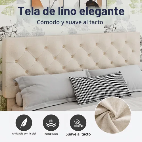 Vista 3 de BarnFurin Base de cama tamaño Queen, plataforma tapizada con cabecera capitoné con botones, marco de cama de tela con soporte de listones de madera