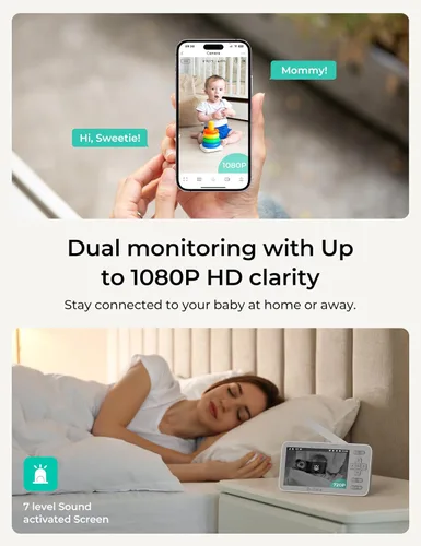 Vista 2 de Dr.Care VistaView Lite Smart WiFi Baby Monitor - Pantalla dividida 720P de 4 pulgadas y control de aplicación de cámara 1080P, alertas