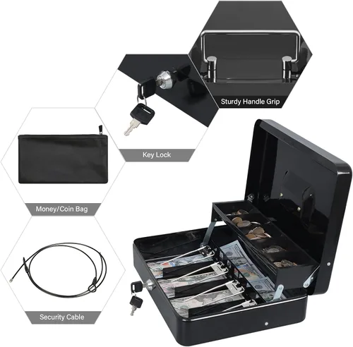 Vista 4 de KYODOLED Caja de efectivo con bandeja de dinero, cerradura de llave con cable de seguridad y bolsa impermeable, 11.81 pulgadas de largo 9.45