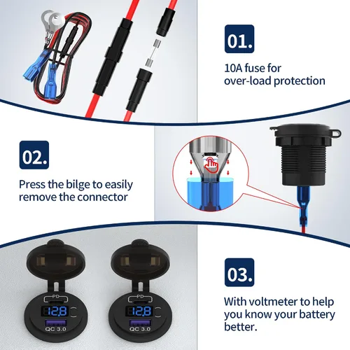 Vista 5 de DaierTek Paquete de 3 enchufes de cargador de coche USB C de 12 V, 48 W PD y QC 3.0 de carga rápida con voltímetro e interruptor
