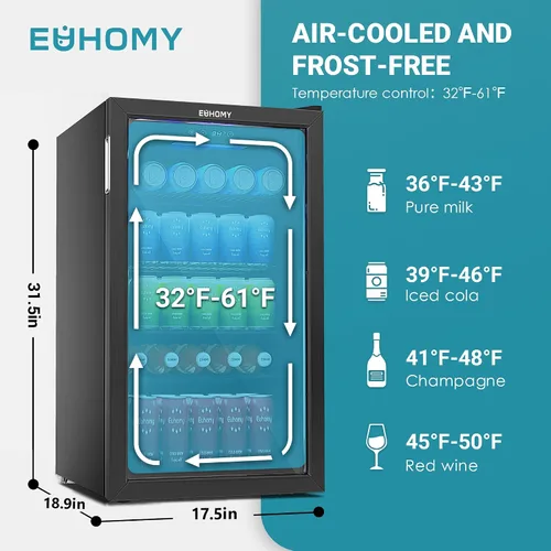 Vista 3 de EUHOMY Refrigerador de bebidas, mini refrigerador para 125 latas con puerta de vidrio para refrescos, cerveza o vino, enfriador de bebidas