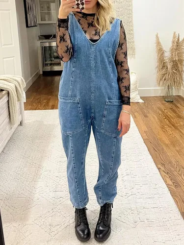 Vista 3 de PLNOTME Overol de mezclilla para mujer, sin mangas, cuello en V, tirantes ajustables, pantalones largos