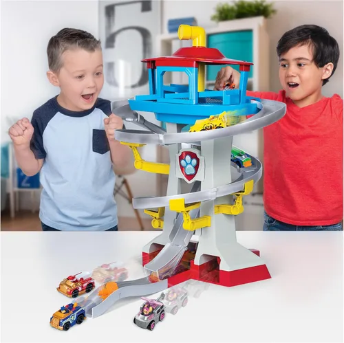 Vista 3 de Paw Patrol Adventure Bay Lookout Tower Playset con 2 vehículos de metal fundido a escala 1:55 (Chase y Marshall): Twin Track Rescue Way, set de 25