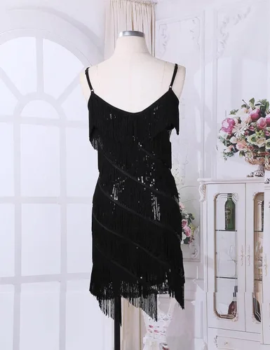 Vista 3 de CHICTRY Vestido de mujer con tirantes delgados, borlas de lentejuelas, con flecos, vestido de fiesta, baile, vestido de noche