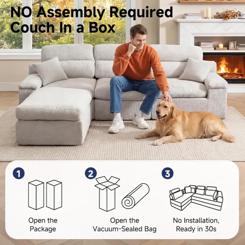Vista 5 de Sofá modular deshuesado de 110 pulgadas con otomana, sofá cama en forma de L para sala de estar, sofá modular sin montaje, sofá profundo de tela