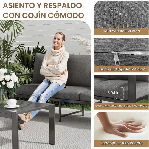 Vista 3 de Juego de muebles de aluminio para exteriores para todo tipo de clima, sofá seccional con mesa auxiliar y cojines con fundas extraíbles para terraza