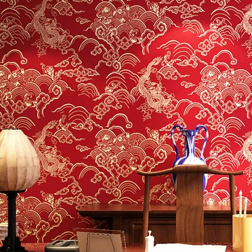 Vista 2 de Q QIHANG Papel pintado de estilo rojo chino Patrón de dragón clásico Zen Hotel Restaurante Sala de estar Nubes auspiciosas Fondo de TV Fondo