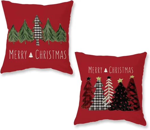 Vista 10 de ONWAY Juego de 2 fundas de almohada de Navidad de 16 x 16 pulgadas, fundas de almohada de Navidad de búfalo rojo a cuadros, color negro y verde Beige
