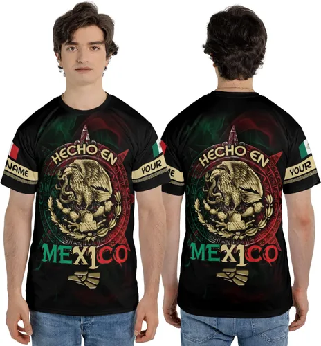Vista 2 de Camiseta personalizada con nombre de México, camisetas con nombre personalizado, bandera azteca mexicana de EE. UU., unisex 3D impreso, para hombres