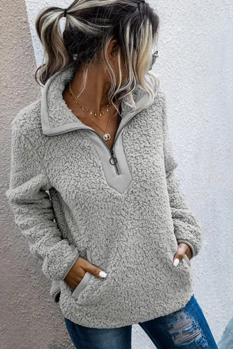 Vista 3 de AQOTHES Sudadera suelta casual con cremallera y bolsillos de forro polar Sherpa para mujer