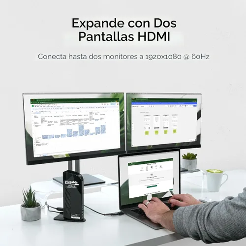 Vista 3 de Plugable Estación de acoplamiento universal para computadora portátil, monitor HDMI dual para Windows y Mac (requiere controlador), USB 3.0 o USB-C
