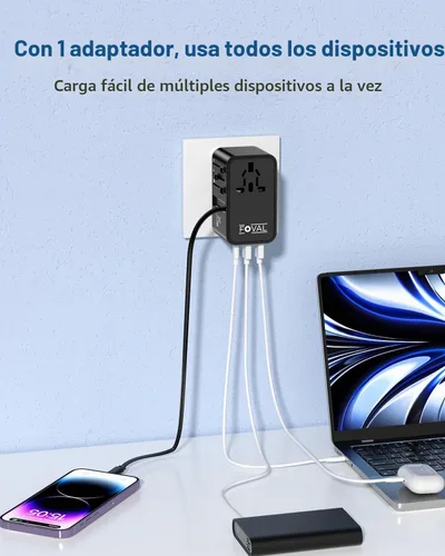 Vista 4 de FOVAL Adaptador de enchufe de viaje europeo, adaptador de viaje universal con cable USB C retráctil, adaptador de corriente internacional todo