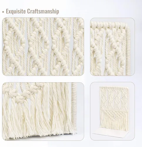 Vista 3 de AELS Sujetalibros de macramé bohemio con borlas, extremos de libros de metal resistente, soportes decorativos únicos para estantes, tapón