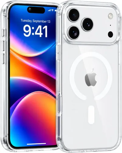 Vista 24 de Funda magnética para iPhone 13, compatible con MagSafe, protección de grado militar, parte trasera dura transparente y marco de TPU suave, funda