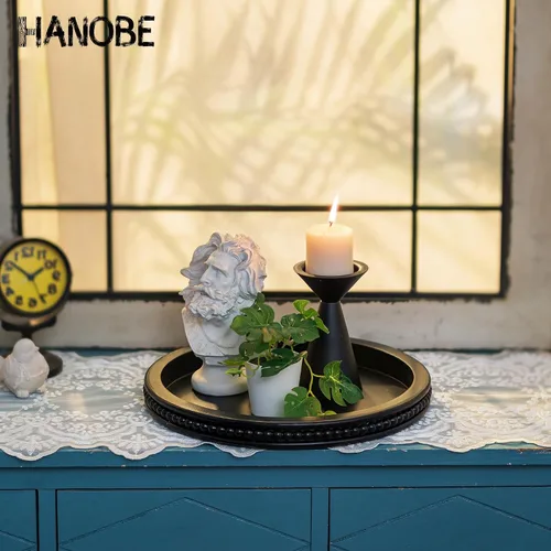 Vista 3 de Hanobe Bandeja decorativa negra para mesa de café, redonda, borde con cuentas 11.8-inch wood tray for living room, kitchen counter, or entryway