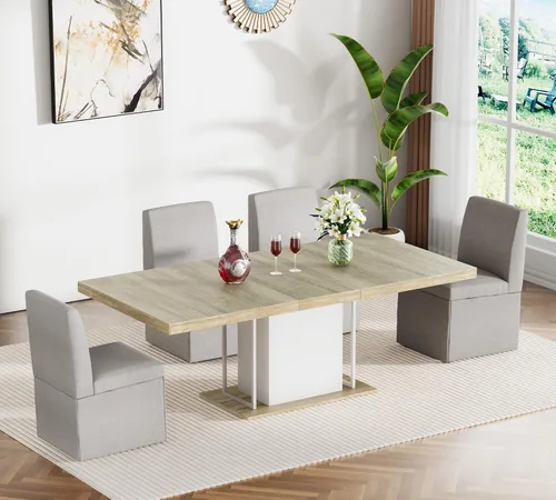 Vista 22 de Juego de mesa de comedor extensible para mesa de cocina extensible de 4, 5 piezas y 4 sillas de almacenamiento ocultas de lino tapizadas de madera