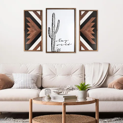 Vista 9 de 2 piezas de decoración de pared azteca con marco de madera, arte de pared occidental de madera de 20.9 x 9.8 pulgadas, decoración rústica del hogar