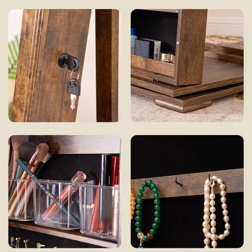 Vista 3 de SDHYL - Armario de almacenamiento de joyas con espejo, organizador de joyas colgante con rotación de 360, cajas y organizadores de joyas de madera