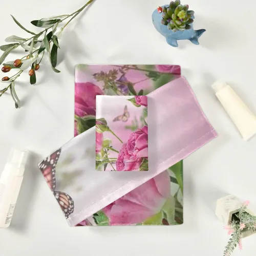 Vista 6 de Juego de toallas de baño para baño, diseño floral de mariposa rosa, hojas verdes románticas para cuatro estaciones, lujo de 3 toallas, 1 toalla, 1