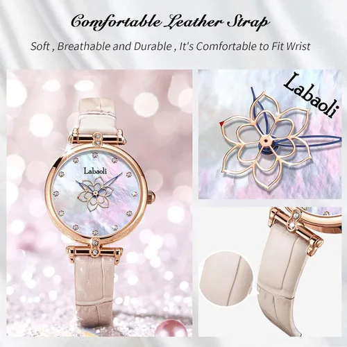 Vista 3 de RORIOS Reloj analógico de cuarzo impermeable para mujer, elegante reloj de pulsera de diamantes con esfera de madreperla y correa de cuero con flor