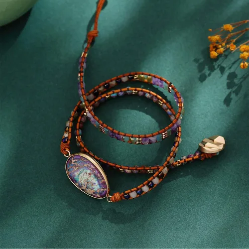 Vista 4 de Plumiss Colección de pulseras de cuentas de cuero de cristal natural hechas a mano para mujer