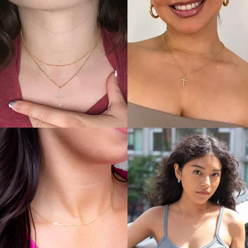 Vista 62 de Collar de cruz para mujeres y niñas, delicado chapado en oro de 14 quilates, gargantilla con dije de cruz que no se deslustra, impermeable, moderno