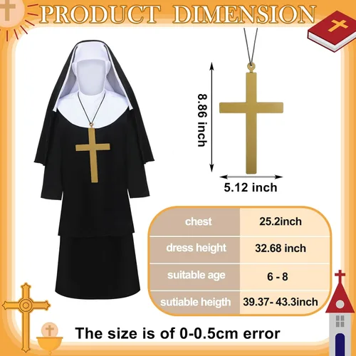 Vista 2 de Mepase Conjunto de 3 piezas de disfraz de monja para niñas, disfraz de monja para niñas, disfraz de monja con bata de hermana católica, sombrero
