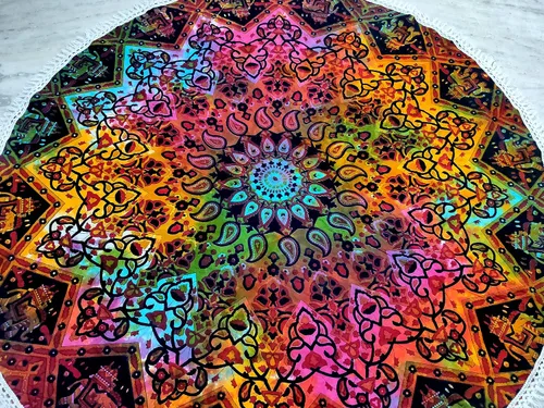 Vista 2 de Tapiz redondo de mandala indio, manta de playa, mantel de algodón gitano hippie bohemio, toalla de playa, esterilla de yoga