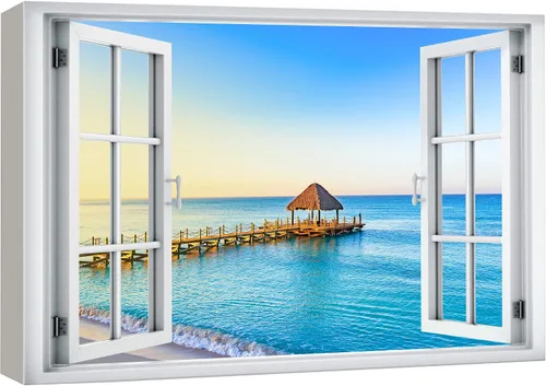 Vista 20 de wall26 Lienzo impreso para pared, vista de ventana a barco y playa tropical, isla de naturaleza, desierto, fotografía, realismo, paisaje rústico