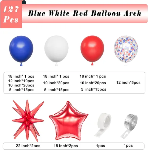 Vista 2 de Kit de guirnalda de arco de globos azules, blancos y rojos: 127 globos de aluminio con forma de estrella de explosión roja para cumpleaños