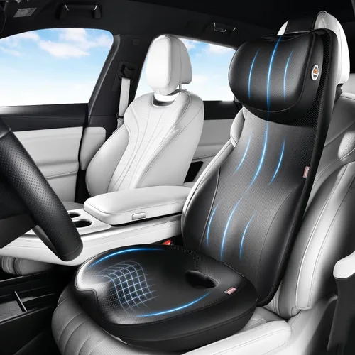 Vista 16 de Coverado Cojín para asiento de automóvil y almohada de apoyo lumbar, almohada ergonómica integrada de espuma viscoelástica para el cuello, cojín