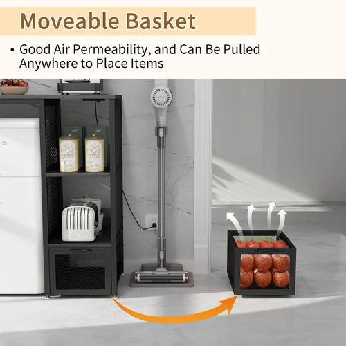Vista 3 de METYERRY Estante para hornear de cocina con toma de corriente, soporte para microondas con cajón, mini soporte para refrigerador con estantes Negro
