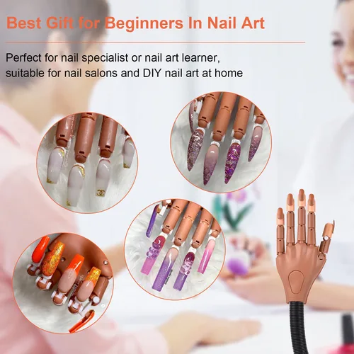 Vista 4 de MEKK Mano de práctica para uñas acrílicas, manos flexibles para practicar uñas, nunca se caen, kits de mano de entrenamiento de uñas con limas