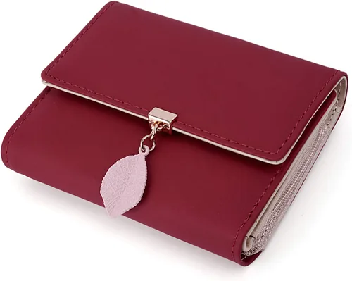 Vista 40 de UTO - Cartera pequeña RFID de piel sintética con dije de hoja, cierre de cremallera y tarjetero.