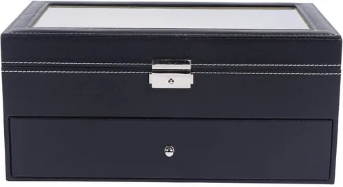 Vista 5 de Estuche organizador de joyas para relojes, de cuero negro para 6 relojes + 9 gafas con parte superior de cristal, regalo para hombres y mujeres